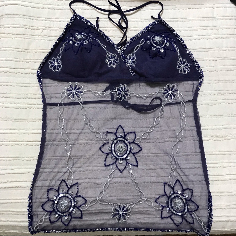 Vintage beaded Mesh Tank Top